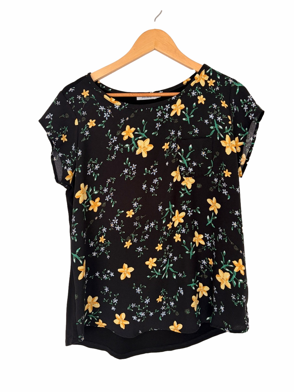 RICKIS BLACK AND YELLOW FLORAL PATTERN CAP SLEEVE TOP/BLOUSE, SIZE LARGE